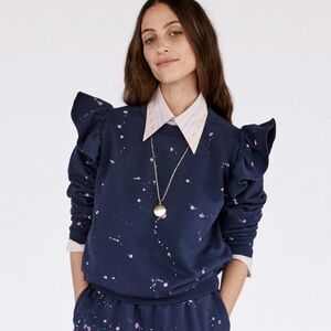Clare V Paint-Splattered Ruffled Pullover Navy